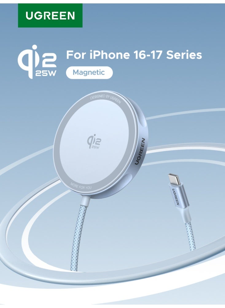 يو جرين 2025 وسادة شحن لاسلكي Qi2 بقوة 25 واط، كابل USB-C مضفر بطول 1.5 متر، شاحن ماغ سيف سريع محمول لهاتف آيفون 17 برو ماكس وسلسلة 16-12، وإيربودز 4 و3 وبرو وبرو 2، مع مغناطيس قوي وحماية متعددة 25W PAD - Image 1